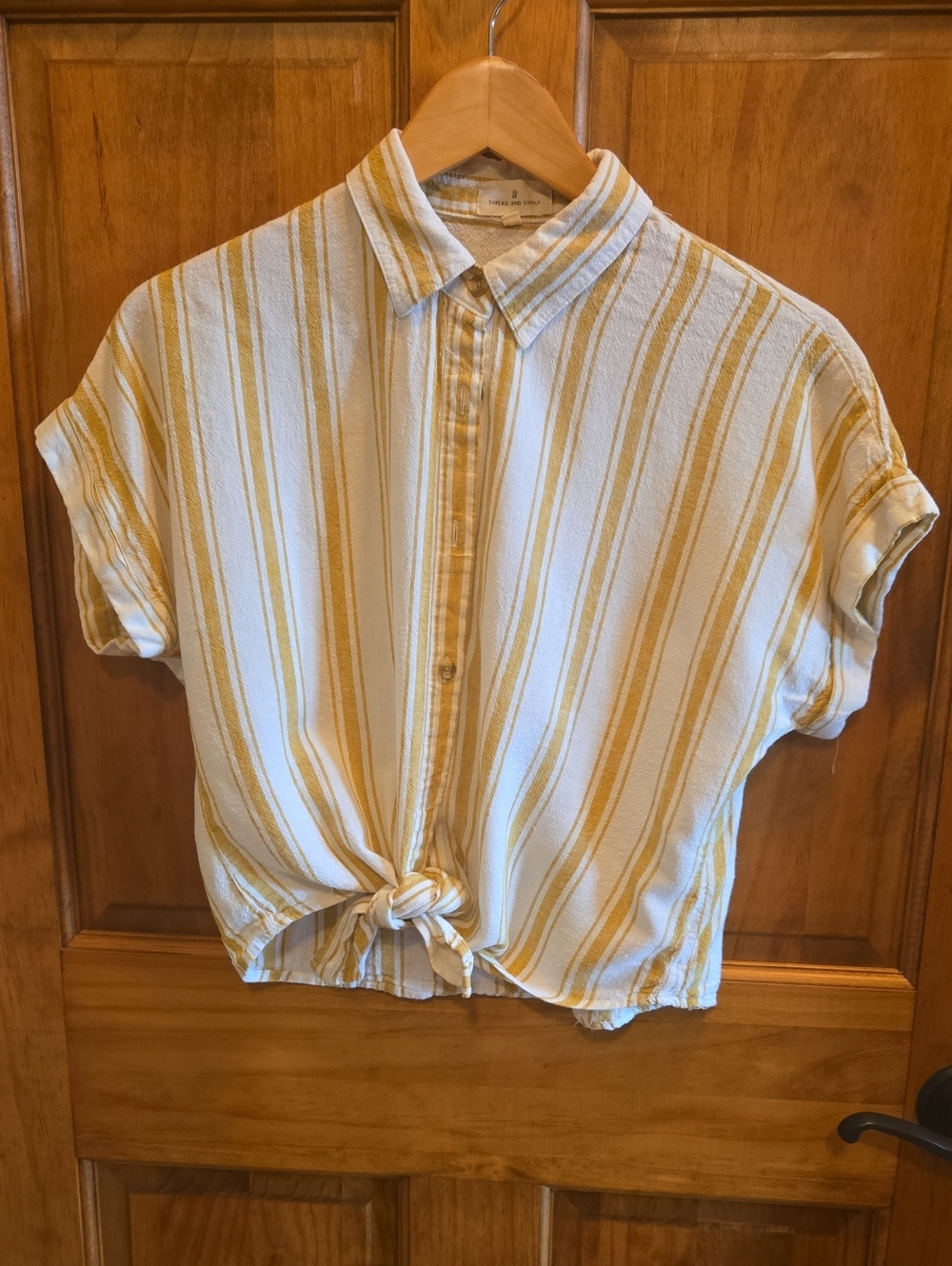 Striped Tie-Front Short Sleeve Shirt - Cream & Gold Size S